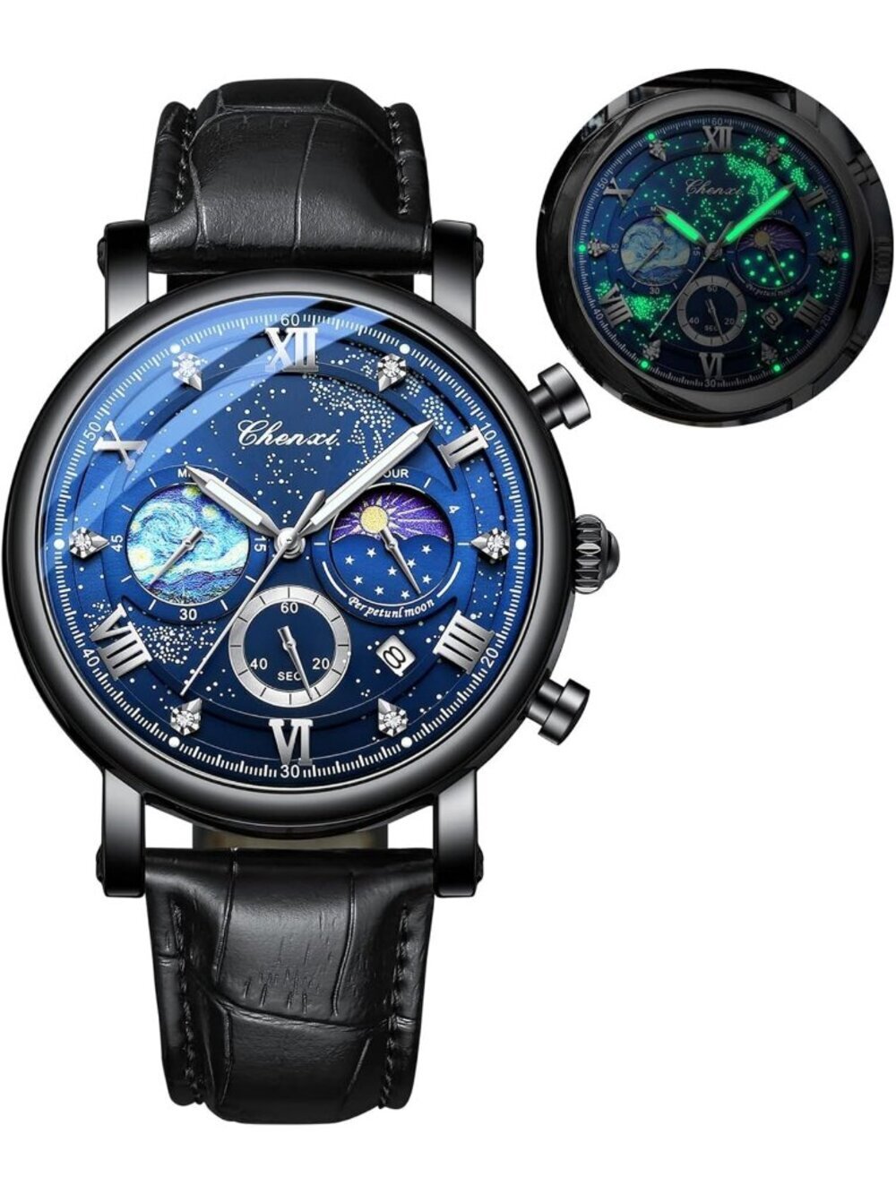 Men's Black Leather Multifunctional Military Sports Analog Chronograph Watch